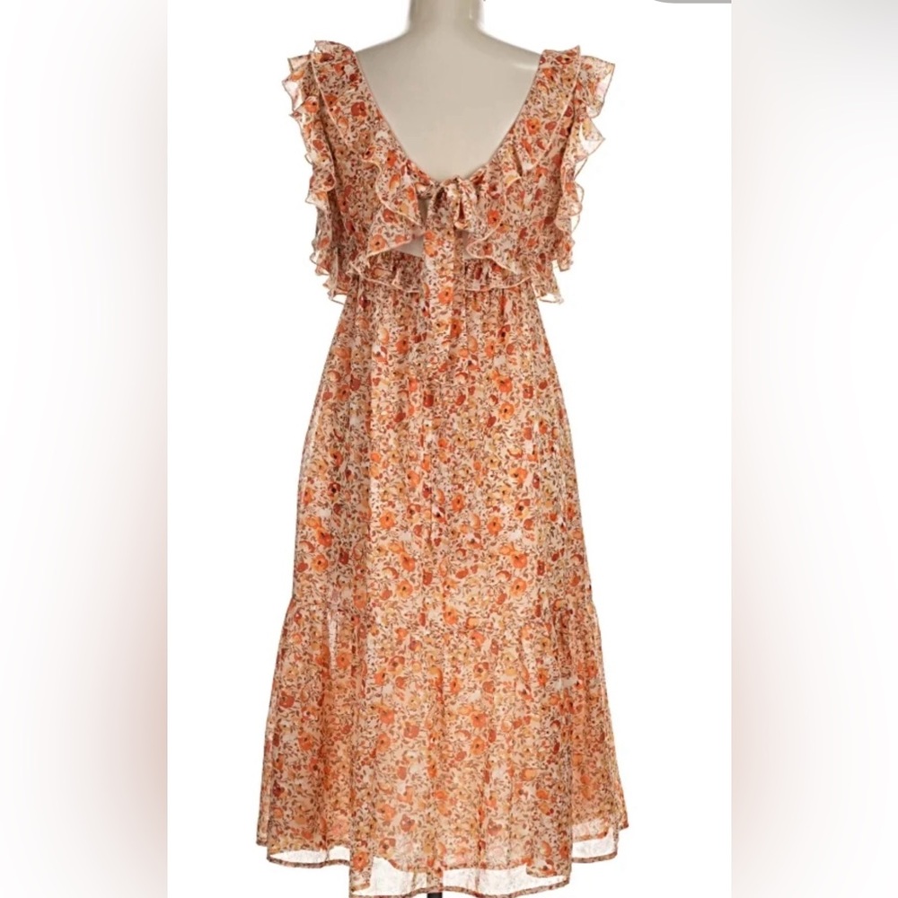 BLACK TAPE Dainty Floral V neck Sleeveless pink orange Fit and Flare midi dress - Picture 3 of 11